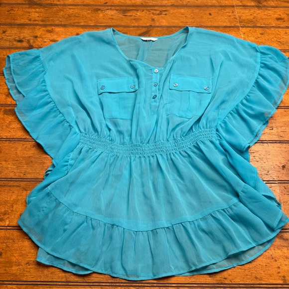 Candies Tops - Candies Turquoise Ruffle‎ Sleeve Elastic Waist Sheer Blouse Top Womens